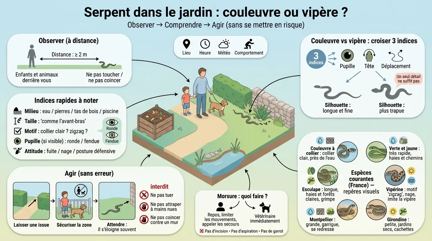 Infographie éducative sur les couleuvres France, montrant comment observer sans risque et agir correctement dans le jardin.