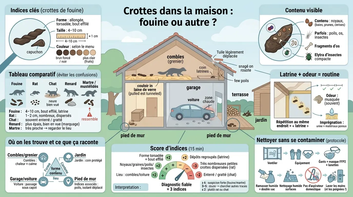 Infographie éducative sur les crottes de fouine : identification, zones de présence et protocoles de nettoyage.