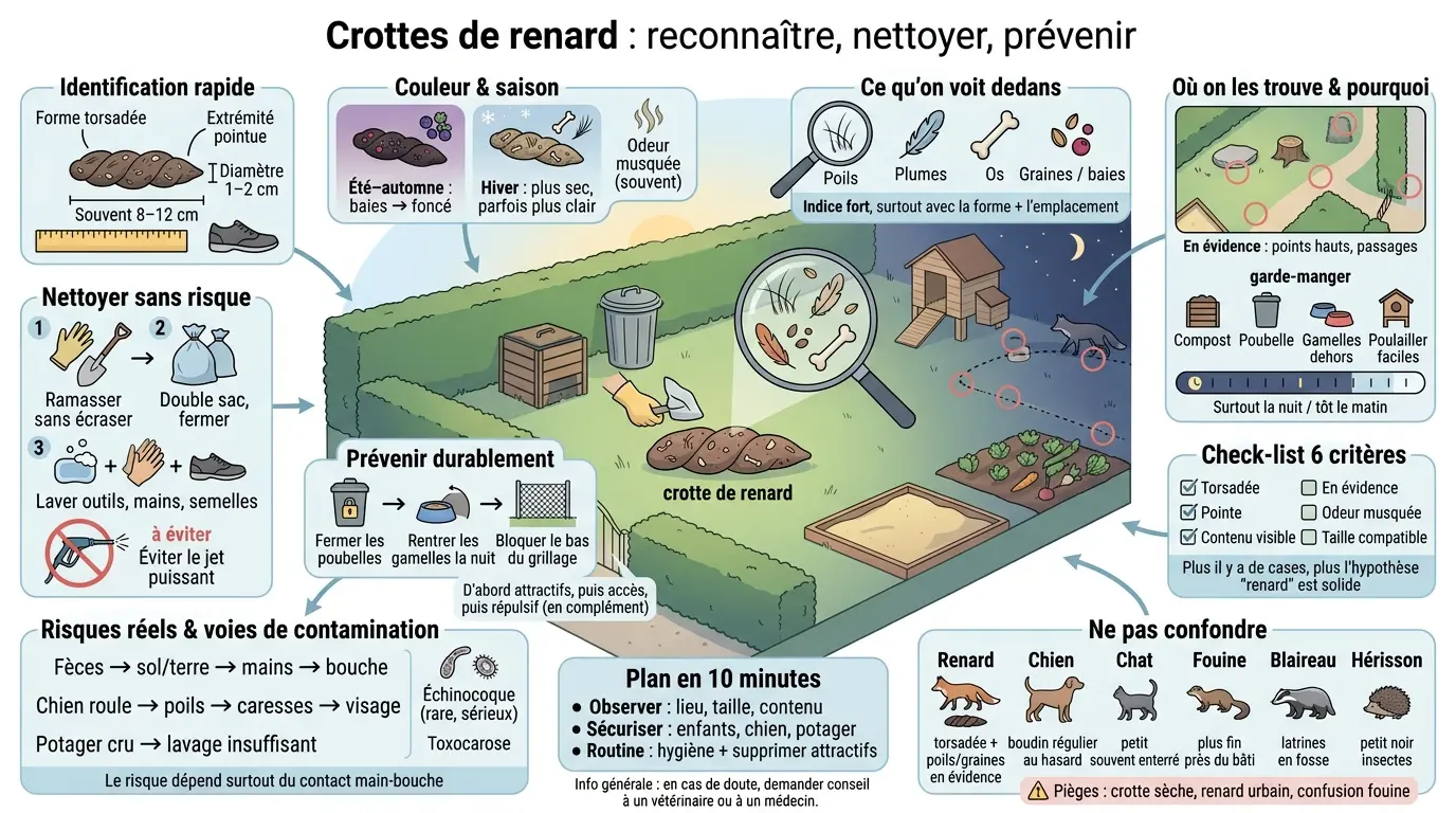 Infographie éducative sur les crottes renard : identification, nettoyage et prévention dans un jardin.