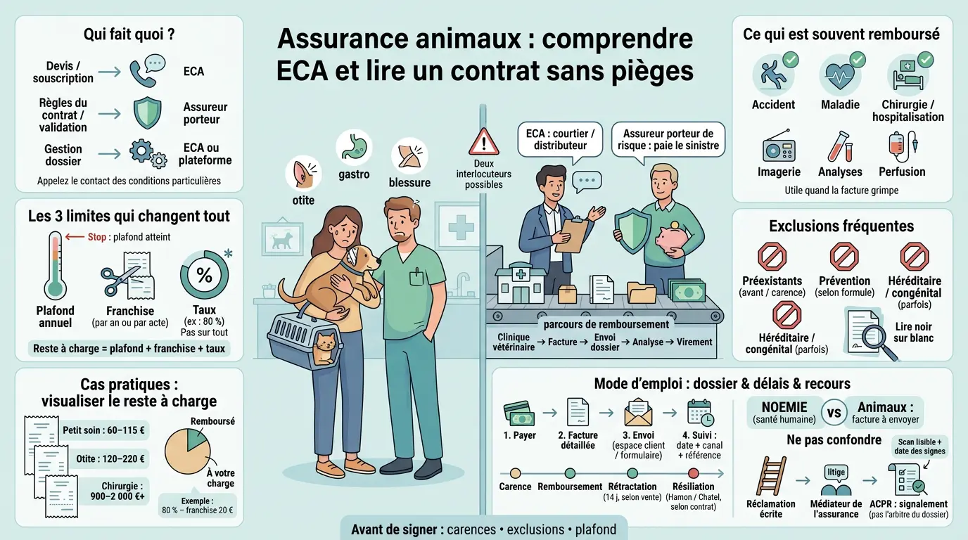 Infographie éducative sur eca assurance animaux, illustrant le parcours de remboursement et les éléments clés à comprendre.