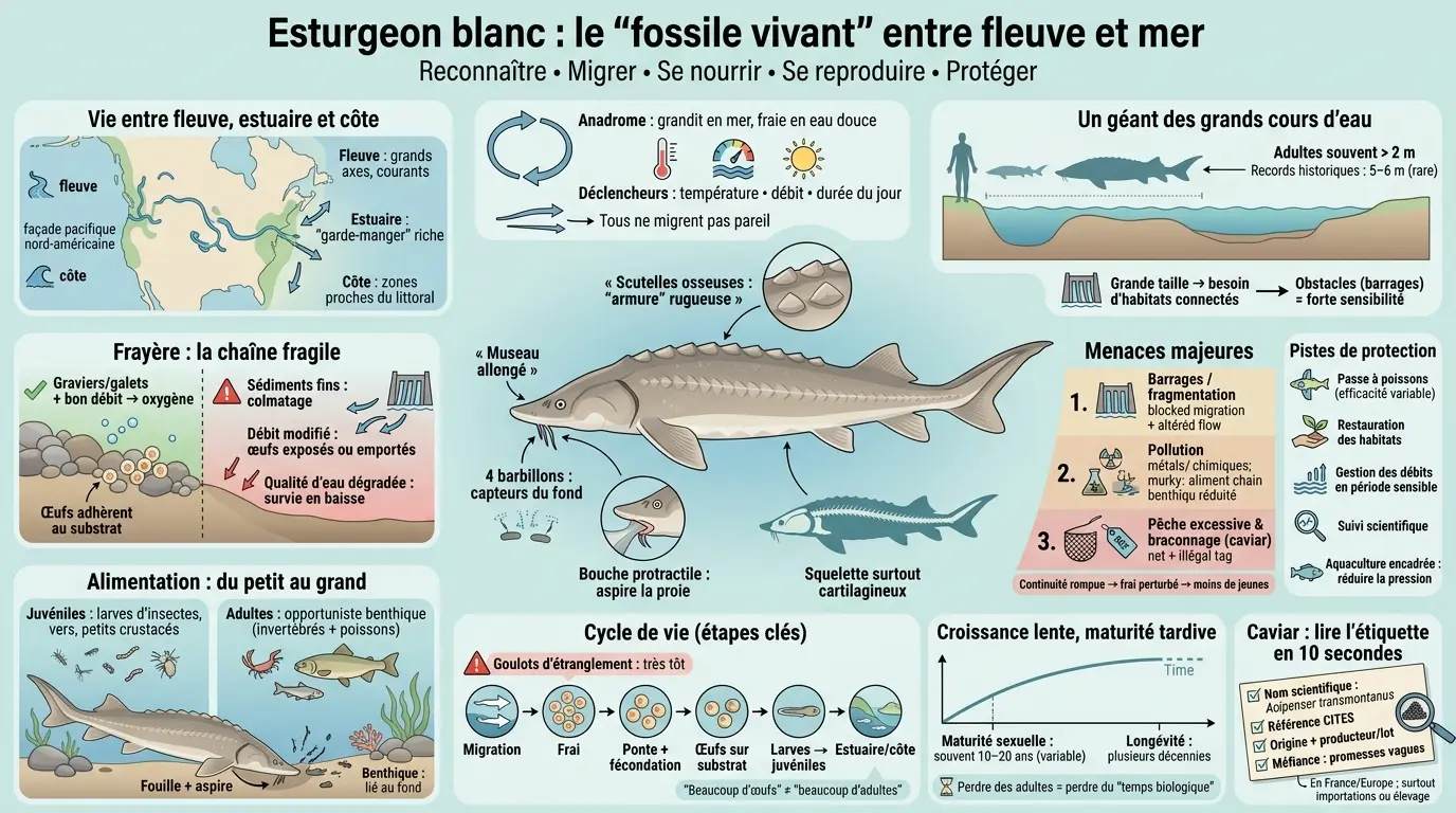Infographie éducative sur l'esturgeon blanc, montrant son anatomie, habitat, alimentation, cycle de vie et menaces.