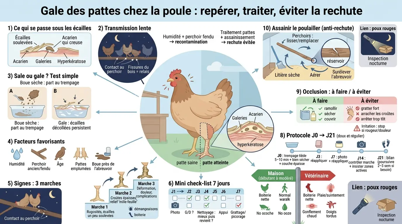 Infographie éducative sur la gale des pattes poules, illustrant les symptômes, causes et traitements avec des modules explicatifs.