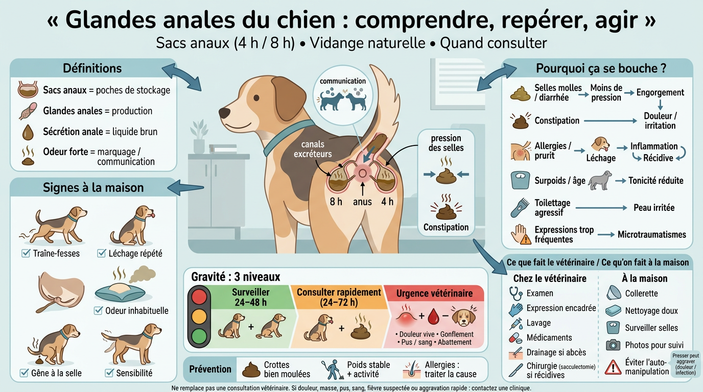 Infographie éducative sur les glandes anales chien, montrant anatomie, causes de blocage et signes à surveiller.
