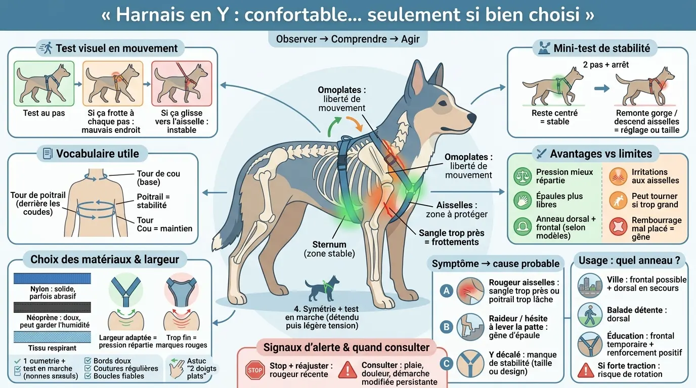 Infographie éducative sur le harnais en Y, montrant un chien avec des annotations sur l'ajustement et la sécurité.