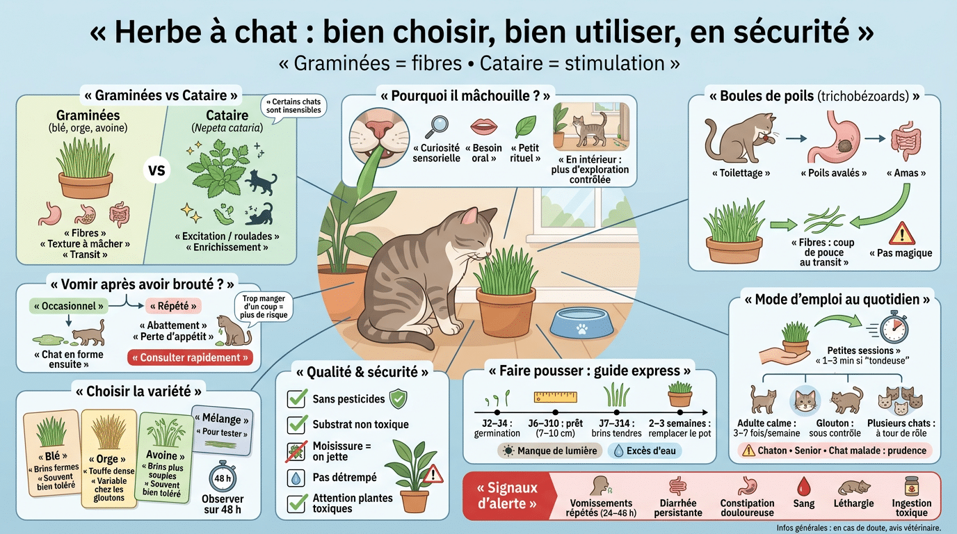 Infographie éducative sur l'herbe à chat, montrant un chat dans un intérieur cosy, avec des comparaisons et conseils sur son utilisation.