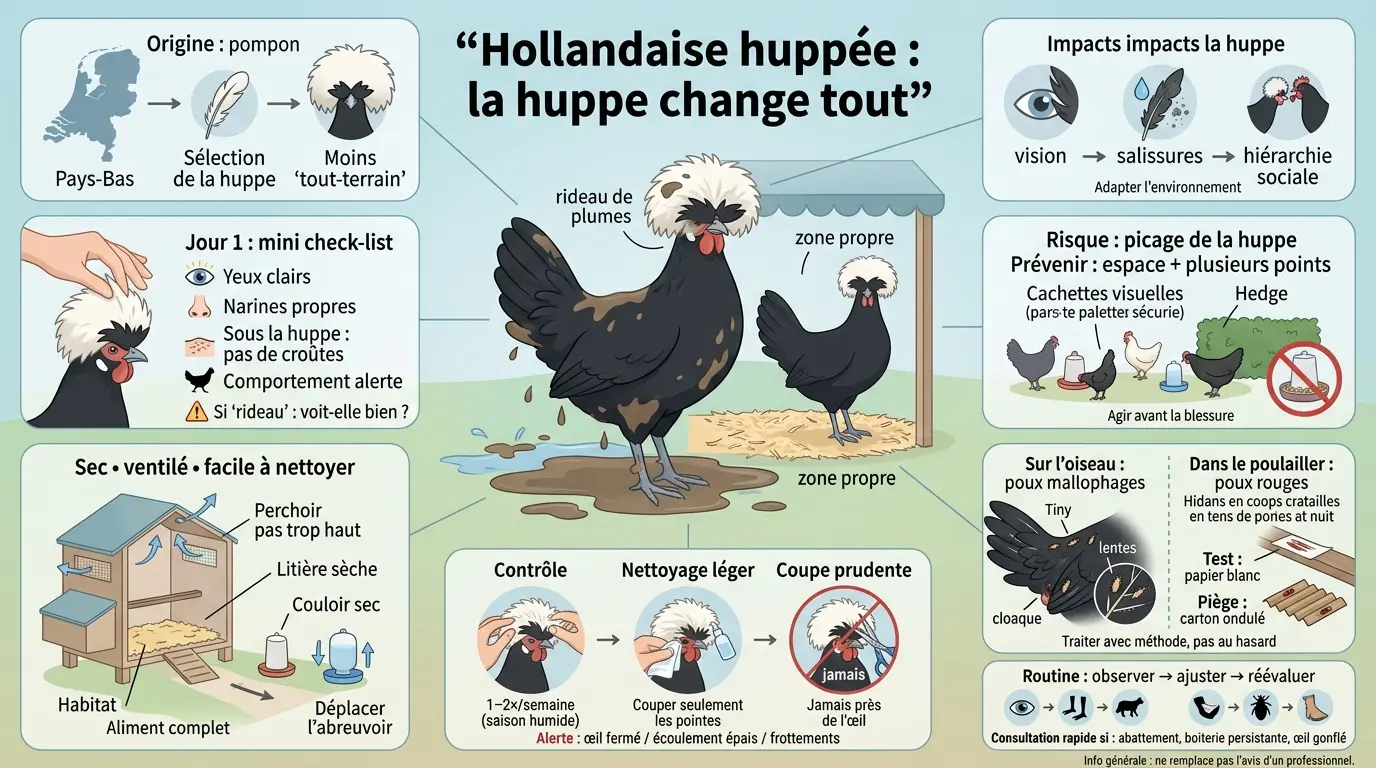 Infographie éducative sur la hollandaise huppée, présentant ses origines, impacts de la huppe et conseils d'élevage.