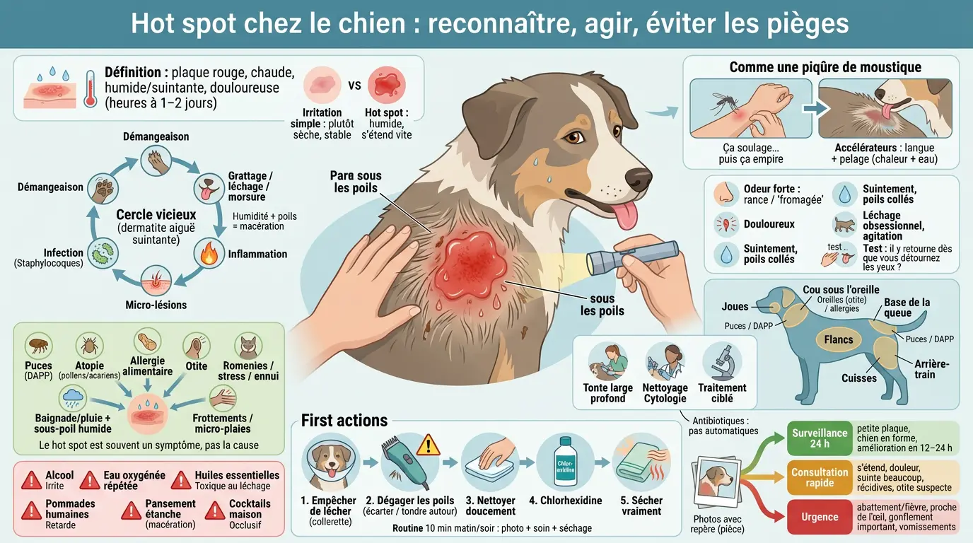 Infographie éducative sur le hotspot chien : identification, cycle, signes, causes, actions et précautions à prendre.