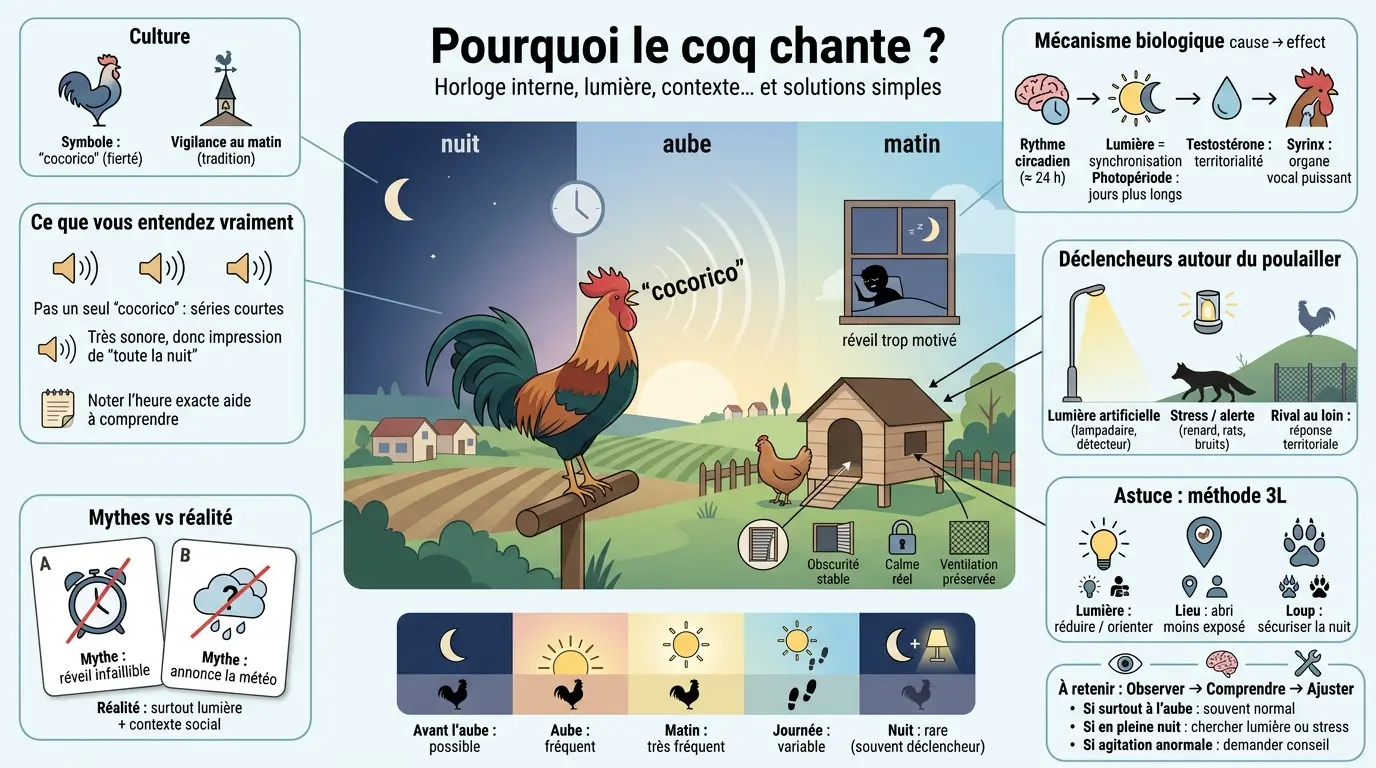 Infographie éducative sur le chant du coq, illustrant ses causes, effets et mythes avec des éléments visuels clairs.
