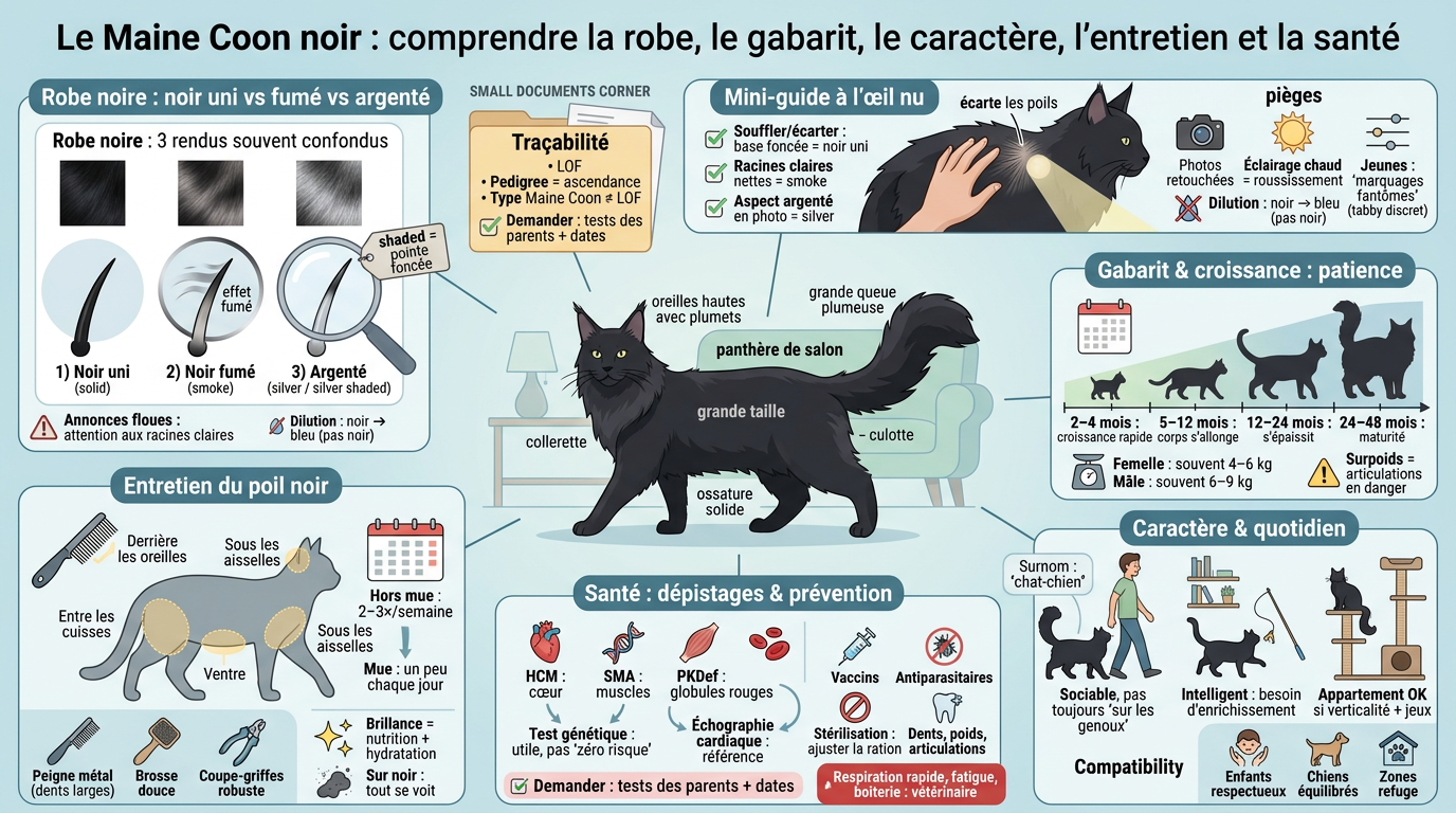 Infographie éducative sur le Maine Coon noir : robe, gabarit, caractère, entretien et santé, avec illustrations et zones explicatives.