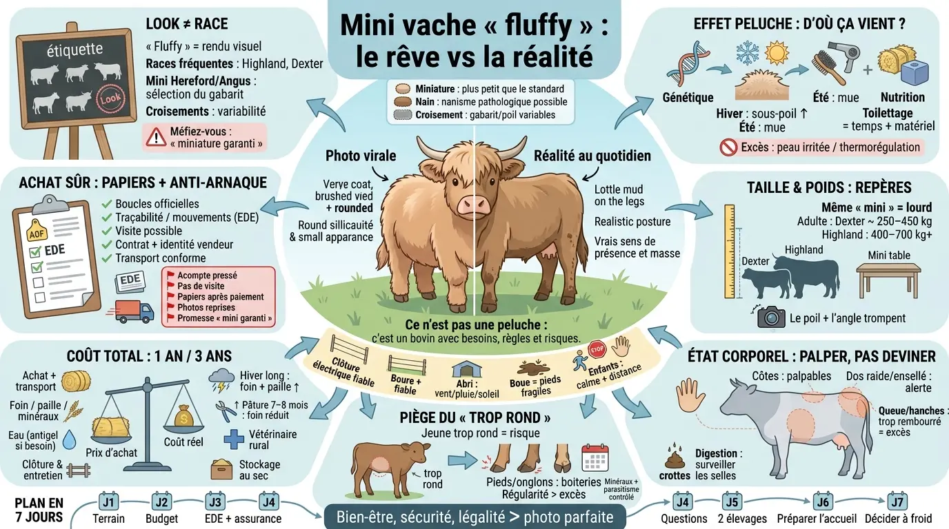 Infographie éducative sur la mini vache fluffy, comparant l'apparence idéale et la réalité avec des modules explicatifs.