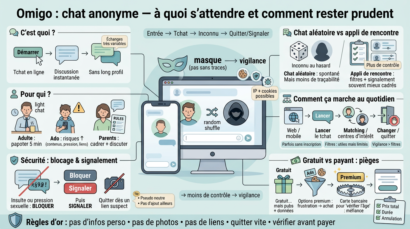 Infographie sur omigo chat, illustrant anonymat, précautions et comparaisons avec d'autres plateformes de discussion.