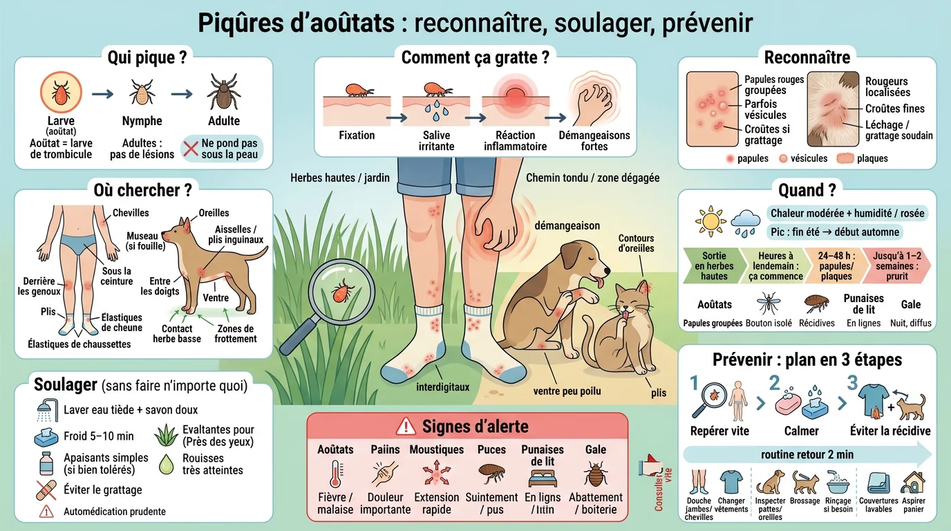 Infographie éducative sur la piqûre aoutat, montrant symptômes, prévention et traitement des démangeaisons chez humains et animaux.