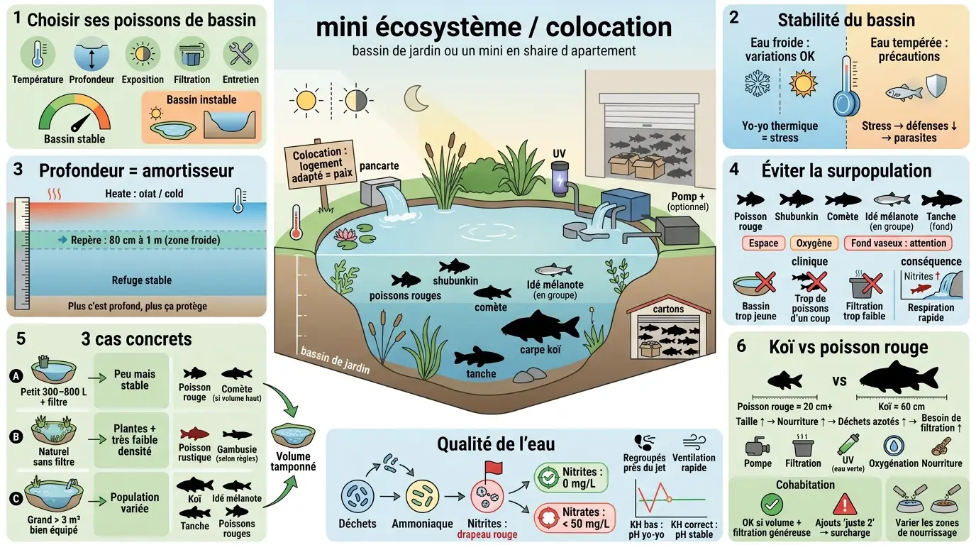 Infographie éducative sur le choix de poisson pour bassin extérieur, illustrant un écosystème aquatique avec conseils pratiques.