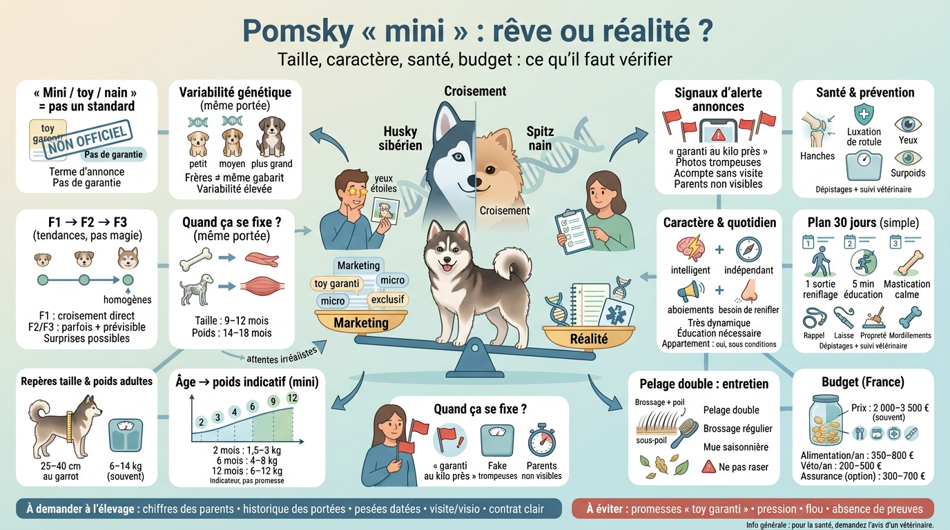 Infographie éducative sur le pomsky nain, équilibrant marketing et réalité, avec des illustrations explicatives sur la taille, le caractère et l'adoption.