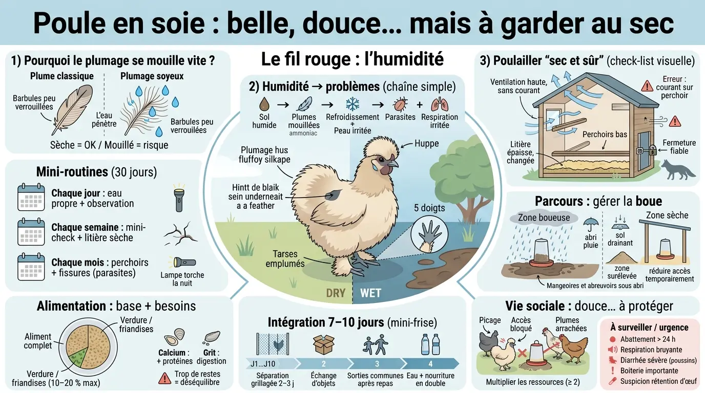 Infographie éducative sur la poule en soie, ses caractéristiques, l'humidité et les soins à lui apporter.