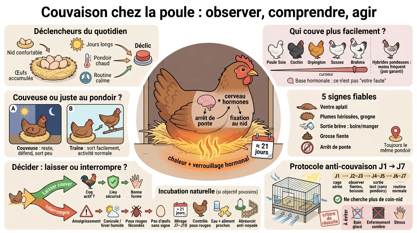 Infographie éducative sur la couvaison chez la poule qui couvent, illustrant les déclencheurs, signes et protocoles.