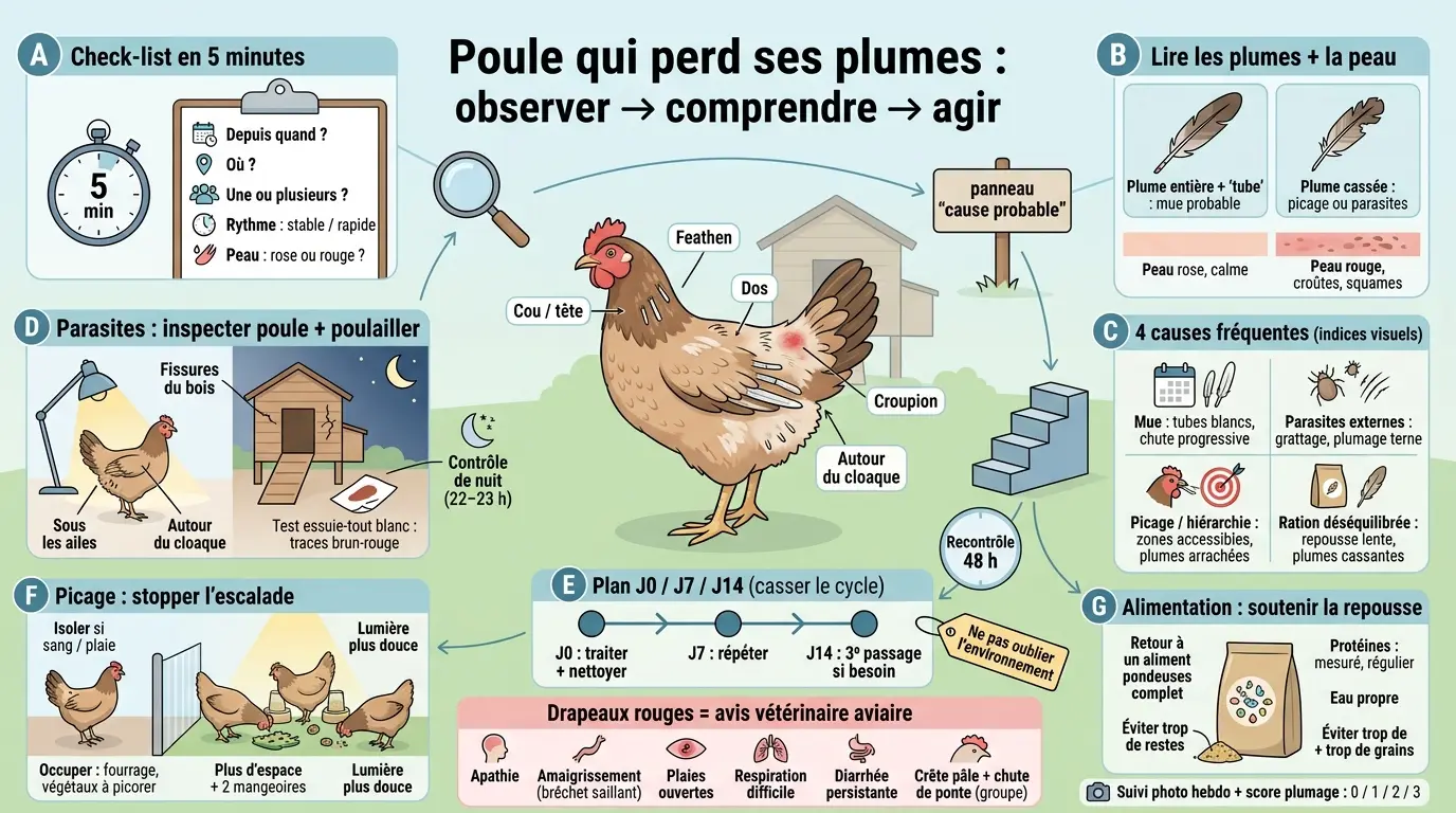 Infographie éducative sur la poule qui perd ses plumes, illustrant causes, observations et actions à entreprendre.