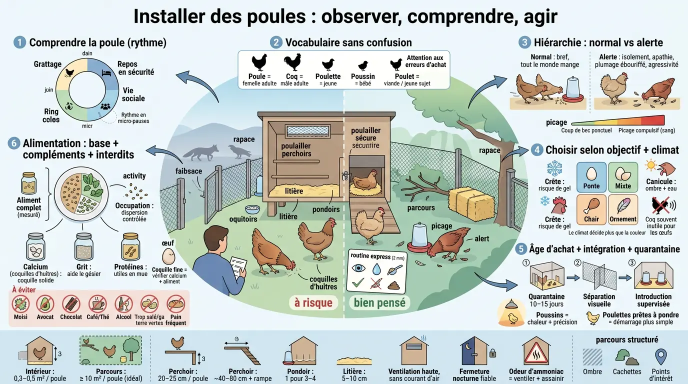 Infographie éducative sur l'installation et la gestion des poules, illustrant un poulailler sécurisé et une routine d'observation.