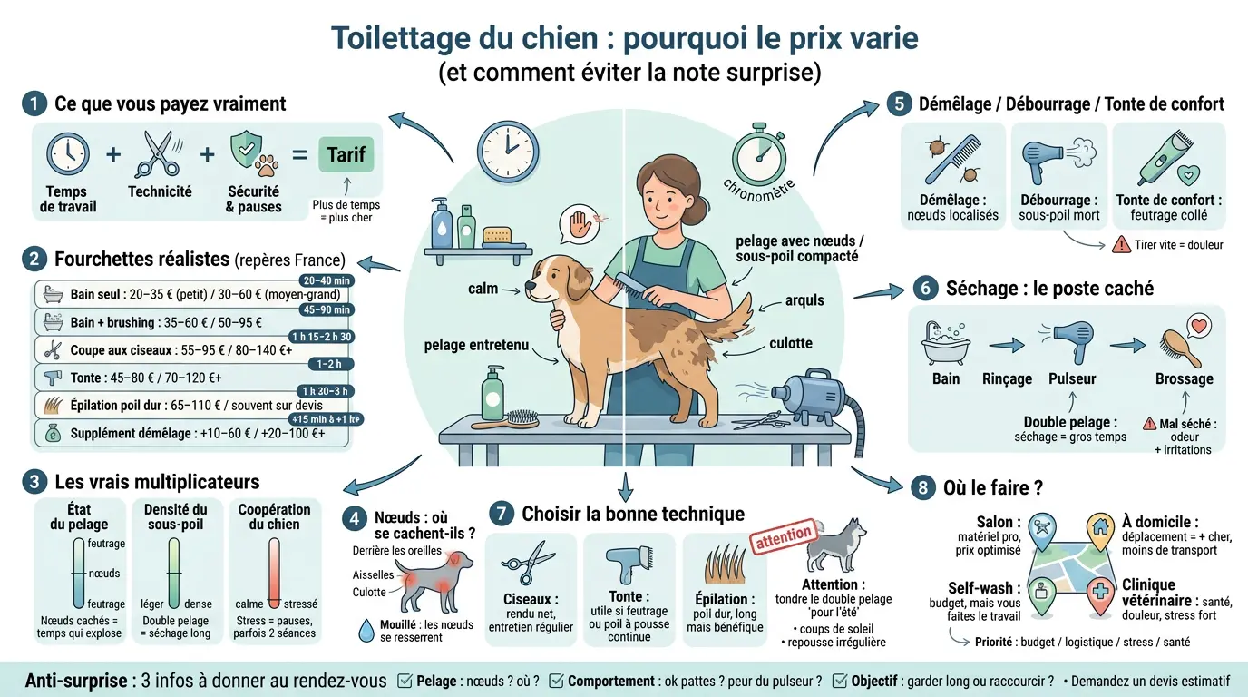 Infographie éducative sur le prix d un toilettage pour chien, illustrant les facteurs influençant les tarifs et les services proposés.