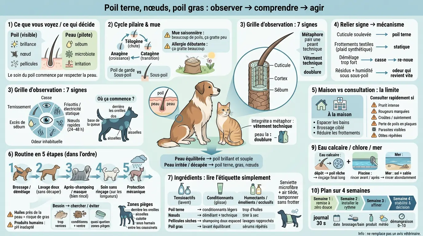 Infographie éducative sur le soin poil des chiens et chats, illustrant la relation peau/poil et les signes d'irritation.