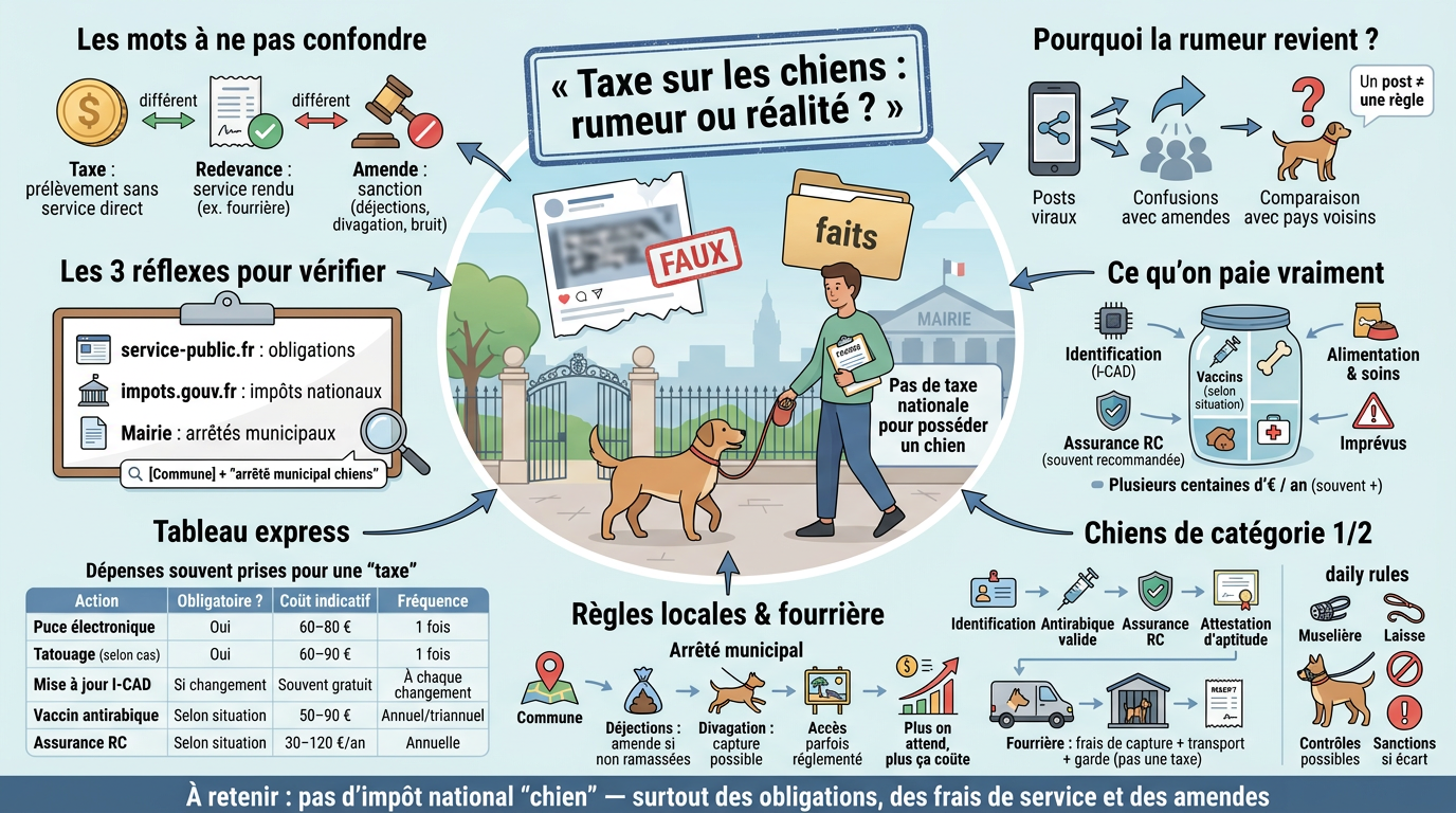 Infographie éducative sur la taxe sur les chiens en France, clarifiant rumeurs et coûts réels liés à la possession d'un chien.