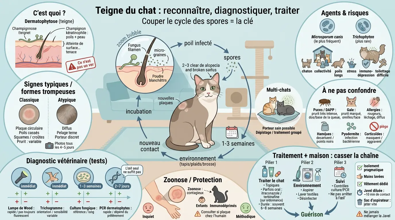 Infographie éducative sur la teigne chat, montrant symptômes, diagnostics et traitements avec illustrations claires et schémas explicatifs.