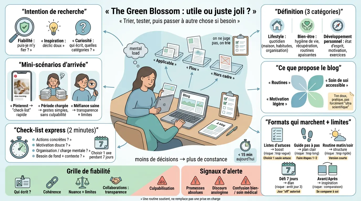 Infographie éducative sur le green blossom blog, évaluant son utilité avec des modules visuels et des métaphores claires.