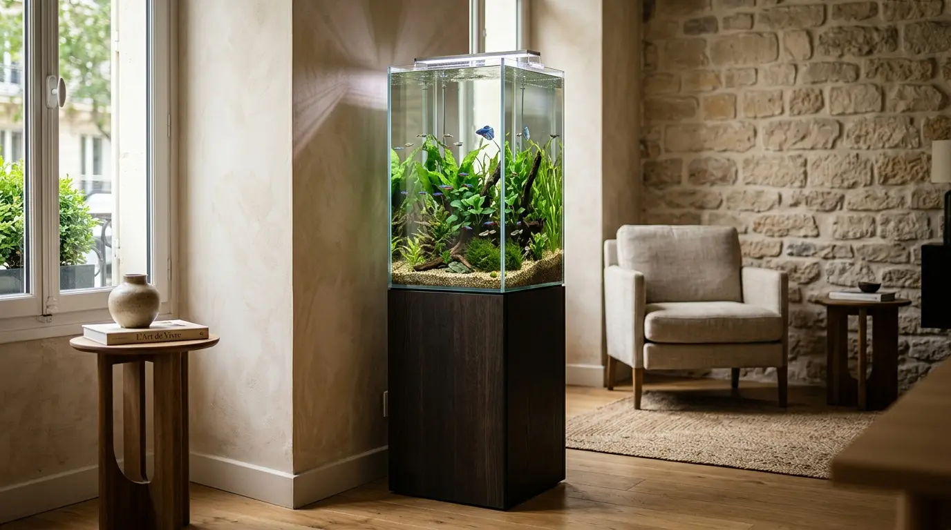 Aquarium sur colonne élégant, haut et étroit, avec plantes aquatiques et poissons, dans un intérieur moderne chaleureux.