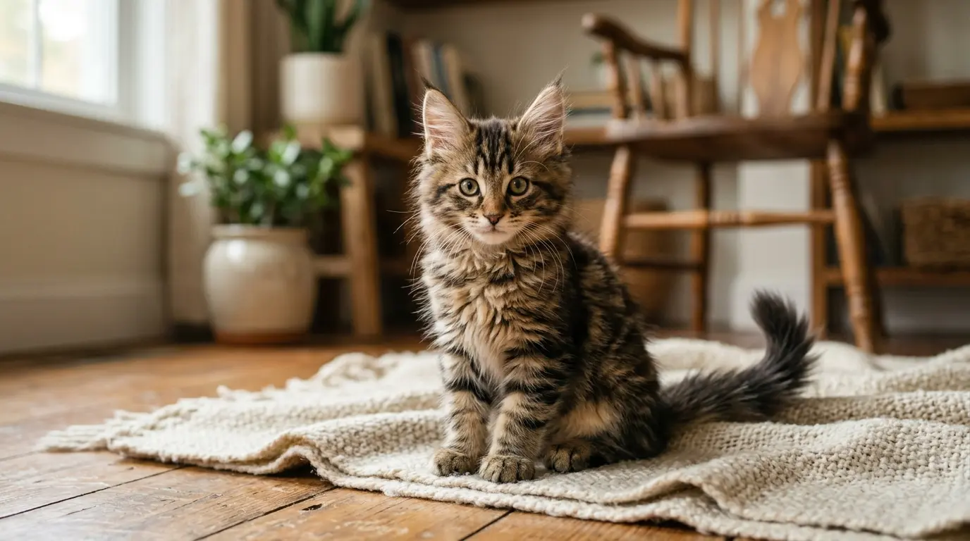 Adorable chaton croisé maine coon aux grandes oreilles, assis dans un intérieur chaleureux, lumière naturelle douce.
