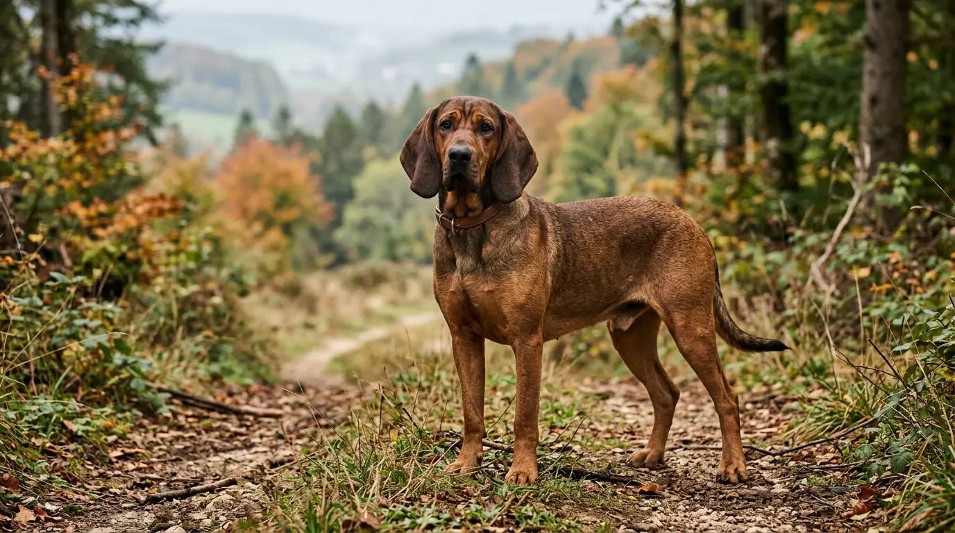 Chien bruno st hubert dans un paysage rural, regard sérieux, oreilles tombantes, pelage brun et tan, ambiance naturelle.
