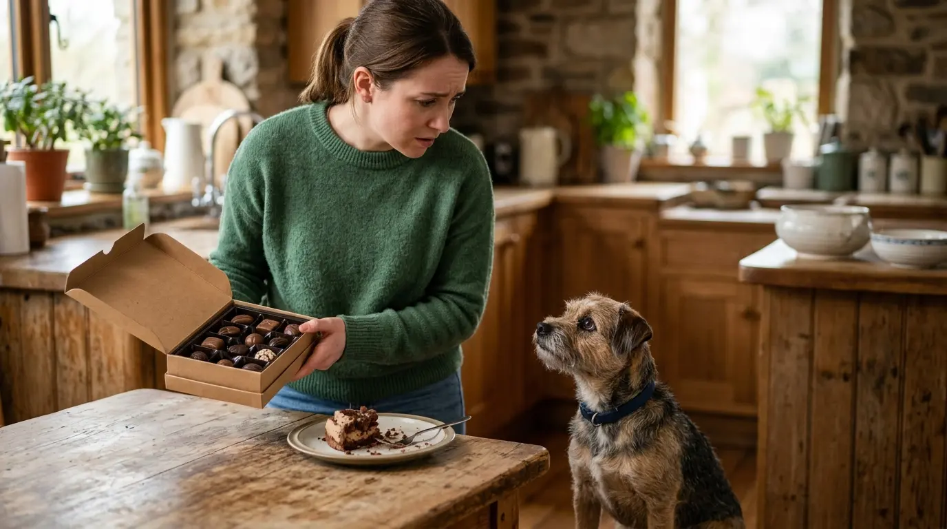 Propriétaire inquiet avec des chocolats, un petit chien anxieux, évoquant le danger d'une dose mortelle de chocolat.