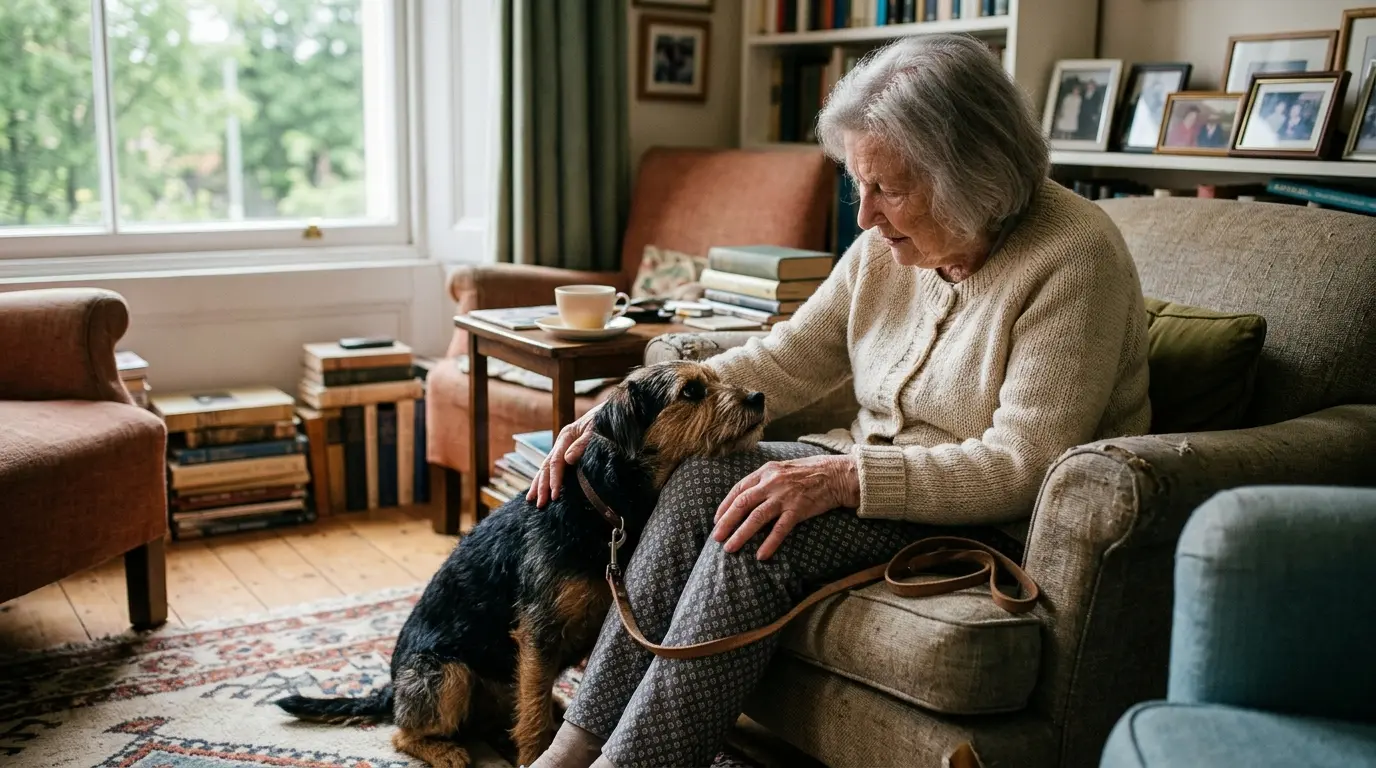 Elderly person dans un salon chaleureux, interagissant paisiblement avec un chien, symbole de complicité et de réconfort.