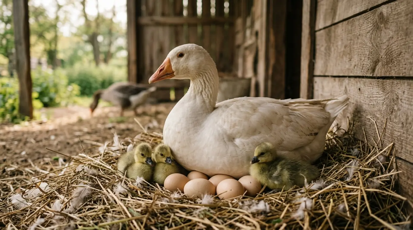 Mère oie couvant des œufs dans un nid de paille, illustrant combien de temps une oie couve dans un cadre rural apaisant.