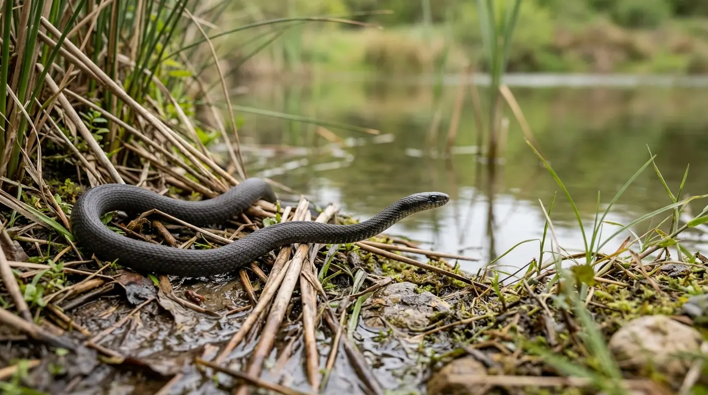 Couleuvre noire France partiellement visible près d'un étang, dans un cadre naturel, évoquant l'observation animalière.