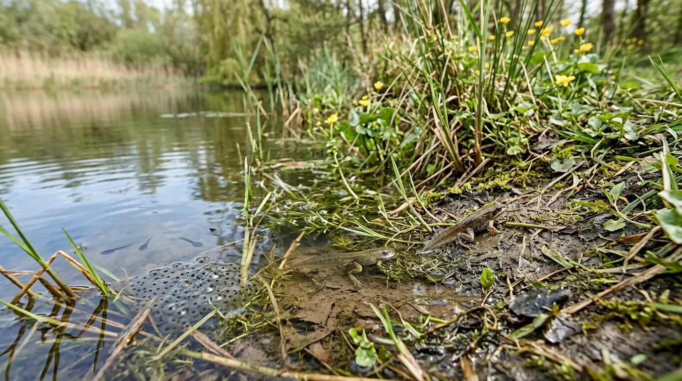 Scène printanière au bord d'un étang montrant le cycle de vie de grenouille avec œufs, têtards et grenouilles juvéniles.