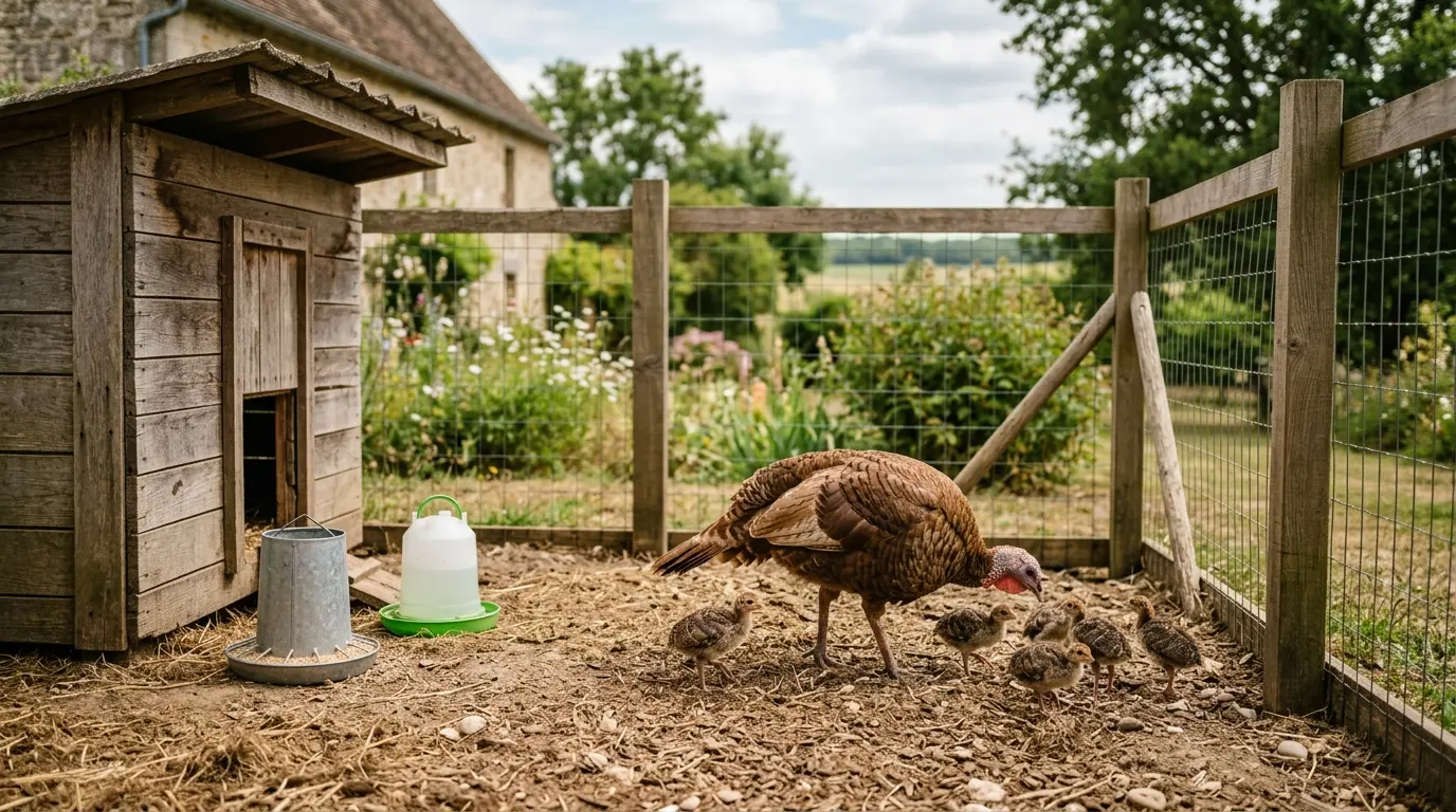 Adultes et poussins de dinde dans un enclos propre, illustrant comment elevé une dinde en famille dans un cadre rural.