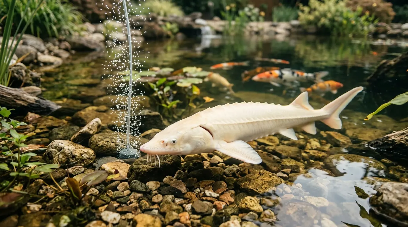 Esturgeon albinos nageant au fond d'un étang clair, entouré de koi, dans un environnement naturel apaisant.