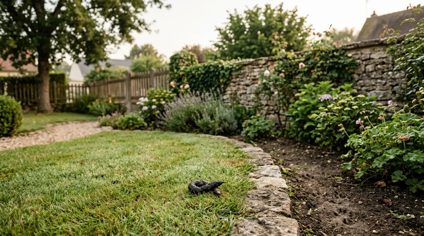 Excrément de renard sur une pelouse d'un jardin suburbain français à l'aube, traces de faune et ambiance naturelle.