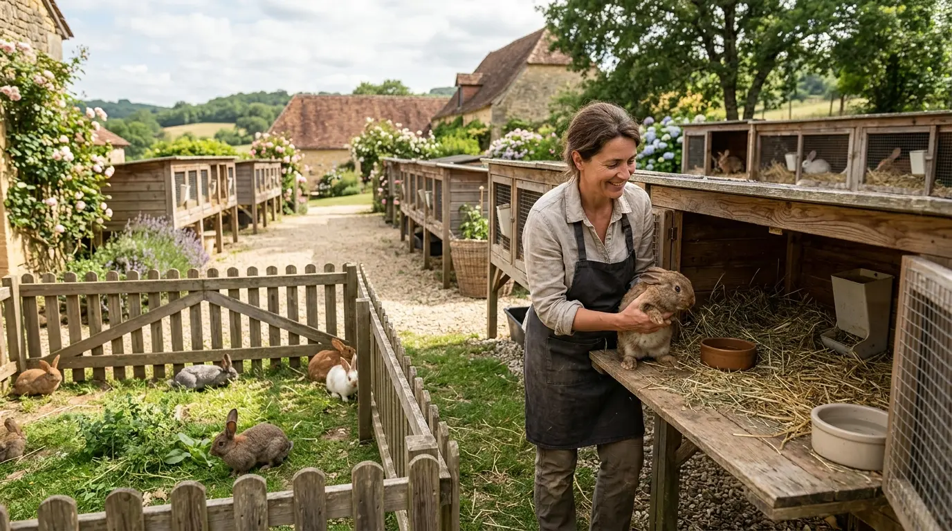Scène d'une ferme de lapins en campagne française, avec des clapiers propres et des lapins paisibles dans un environnement naturel.