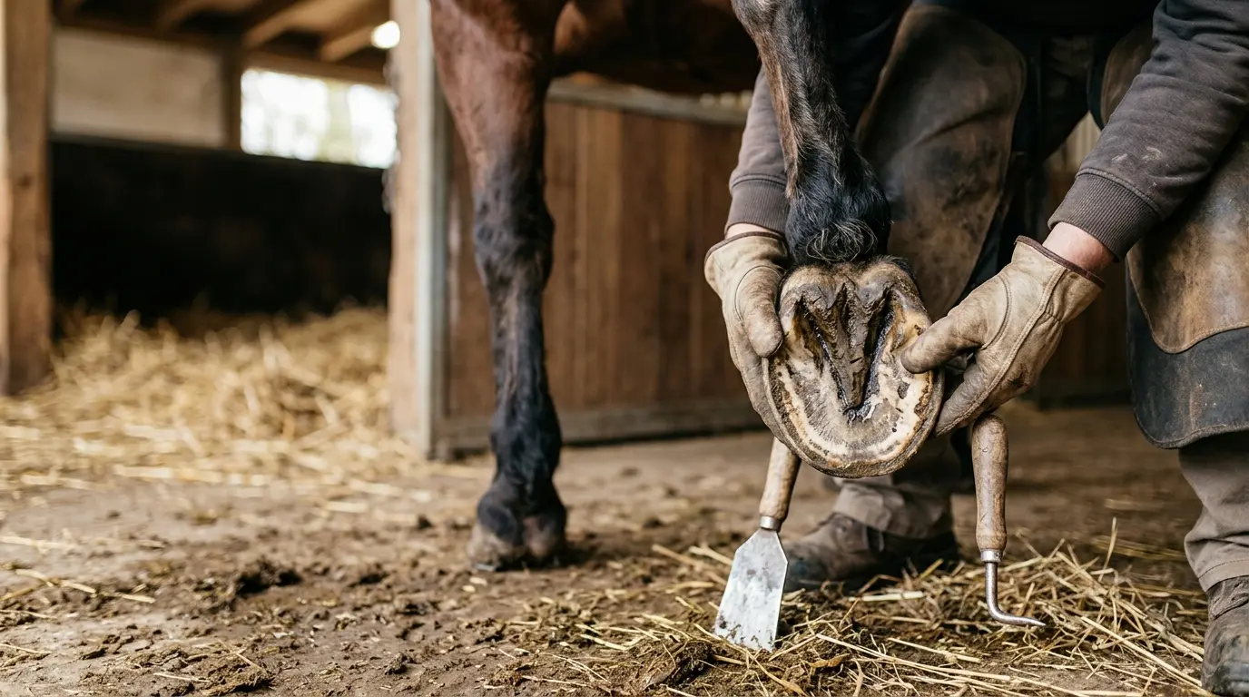 Examen d'un sabot de cheval avec signes de fourchette pourrie, farrier et outils dans un environnement stable naturel.