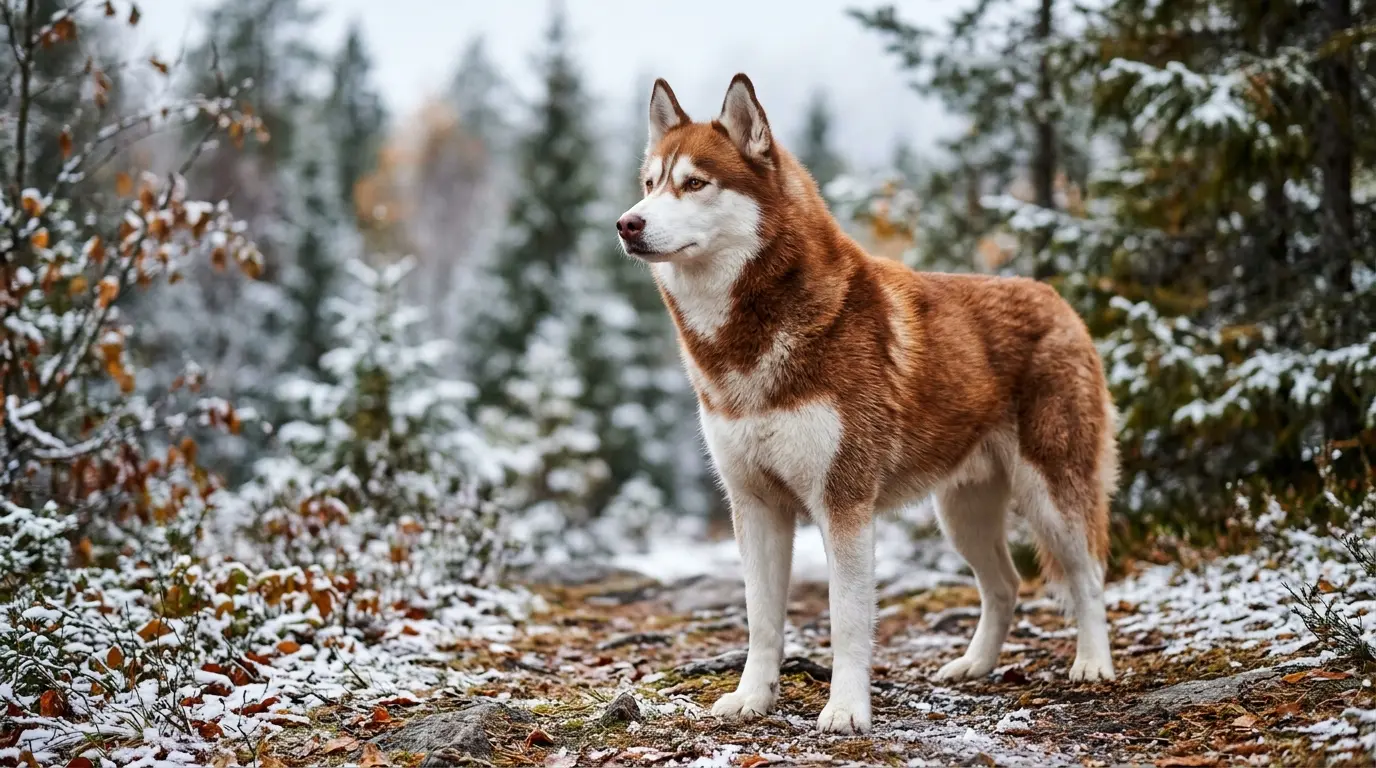 Husky roux en extérieur, pelage cuivré, yeux alertes, dans un cadre naturel évoquant l'endurance par temps froid.