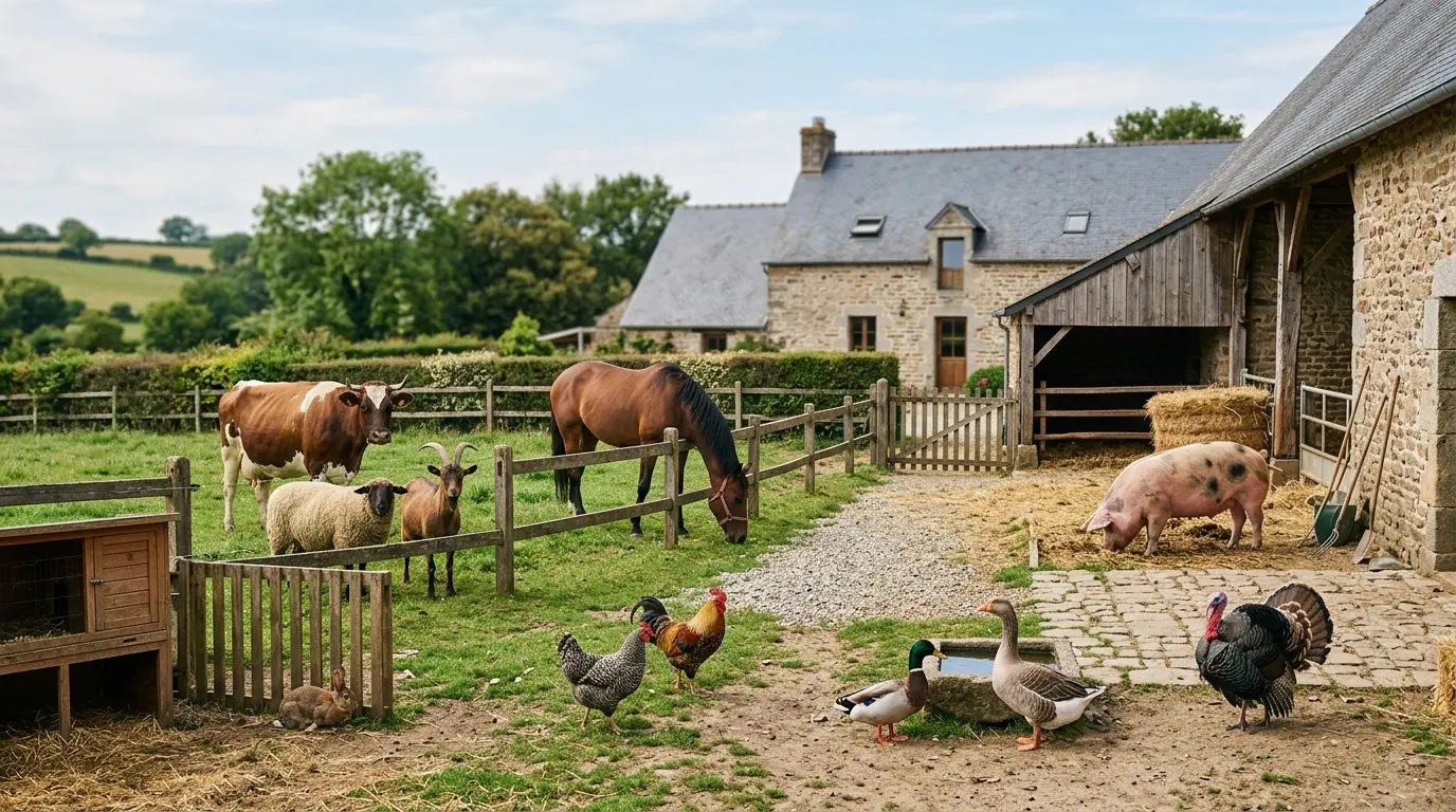 Scène de ferme française avec vache, cochon, mouton, chèvre, poule, canard, oie, dinde, lapin et cheval, illustrant une liste animaux de la ferme.