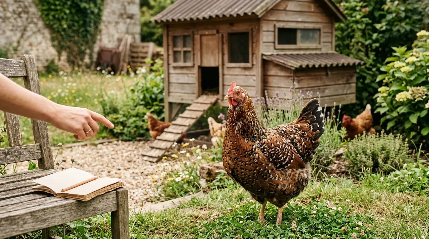 Poule amicale dans un jardin près d'un poulailler, évoquant des idées de nom pour une poule dans une ambiance chaleureuse.
