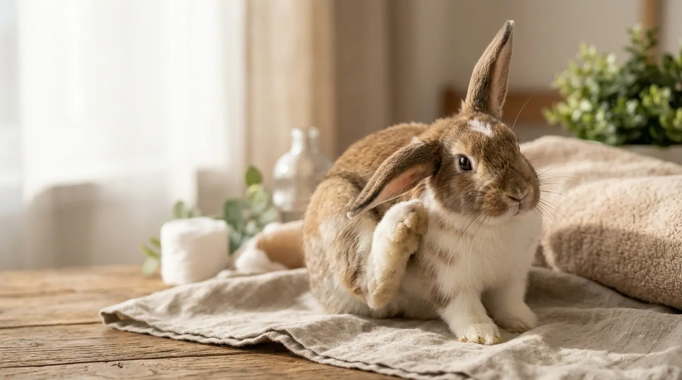 Lapin domestique montrant des signes d'otite, une oreille inclinée et grattage, dans un environnement calme et naturel.