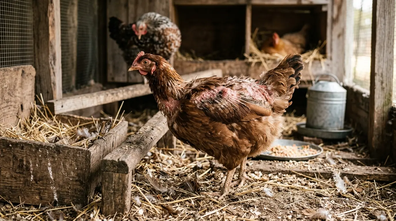 Hen avec des plumes manquantes dans un poulailler, illustrant les causes de poules perd ses plumes dans un cadre naturel.