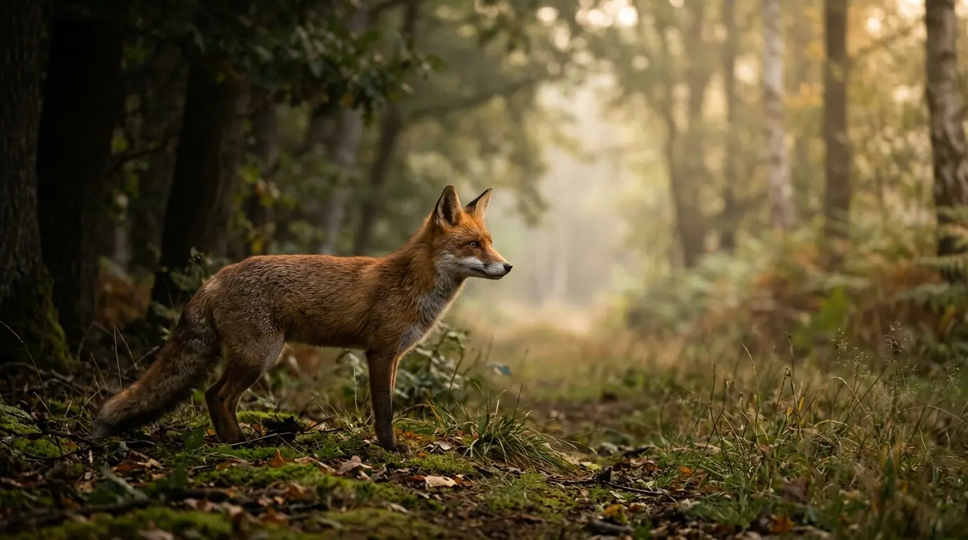 Renard animal totem se tenant à l'orée d'une clairière, illuminé par la lumière douce de l'aube, ambiance mystérieuse.