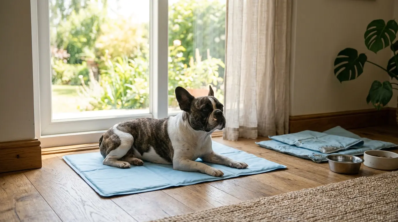 Chien calme sur un tapis rafraîchissant, mettant en lumière le danger potentiel des tapis endommagés en été.