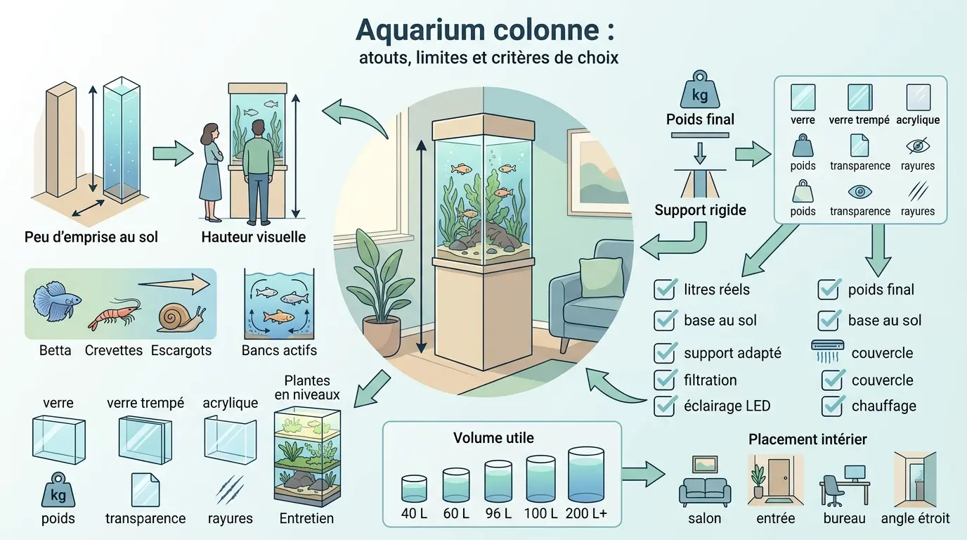 Infographie éducative sur l'aquarium sur colonne, présentant atouts, limites et critères de choix avec illustrations et schémas.