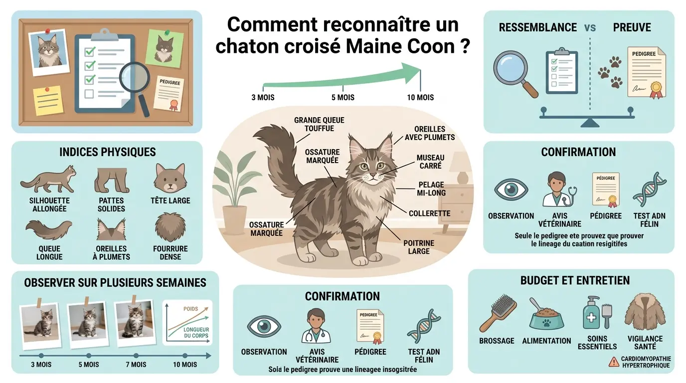 Infographie éducative sur comment reconnaître un chaton croisé maine coon avec illustrations et conseils pratiques.