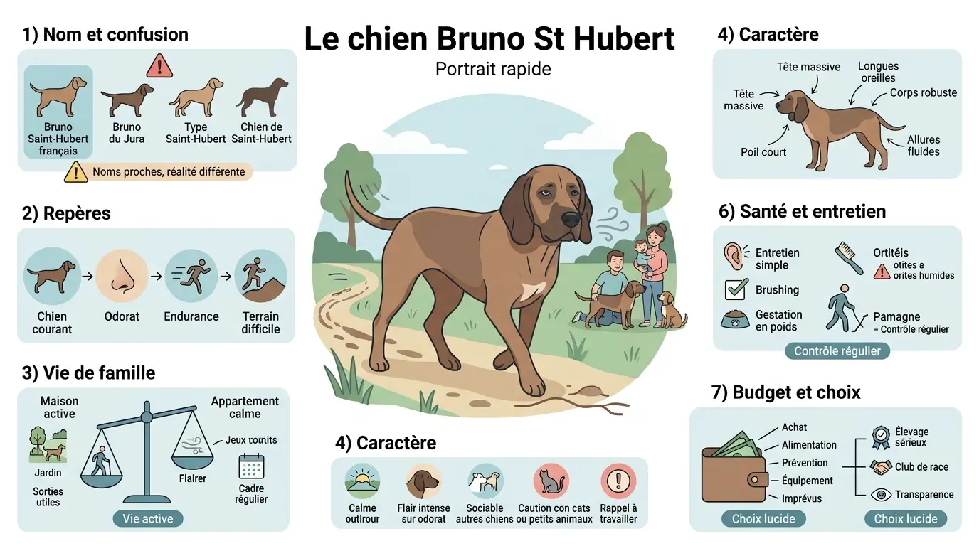 Infographie éducative sur le chien bruno st hubert, illustrant ses caractéristiques, son comportement et son intégration familiale.
